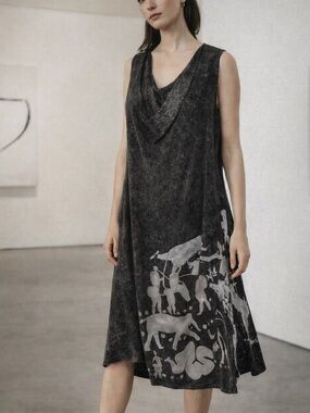 Heyne Bogut Hand Dyed Graphic Dress Size 2 (S/M) Black Cotton Cowl Neck Artwear